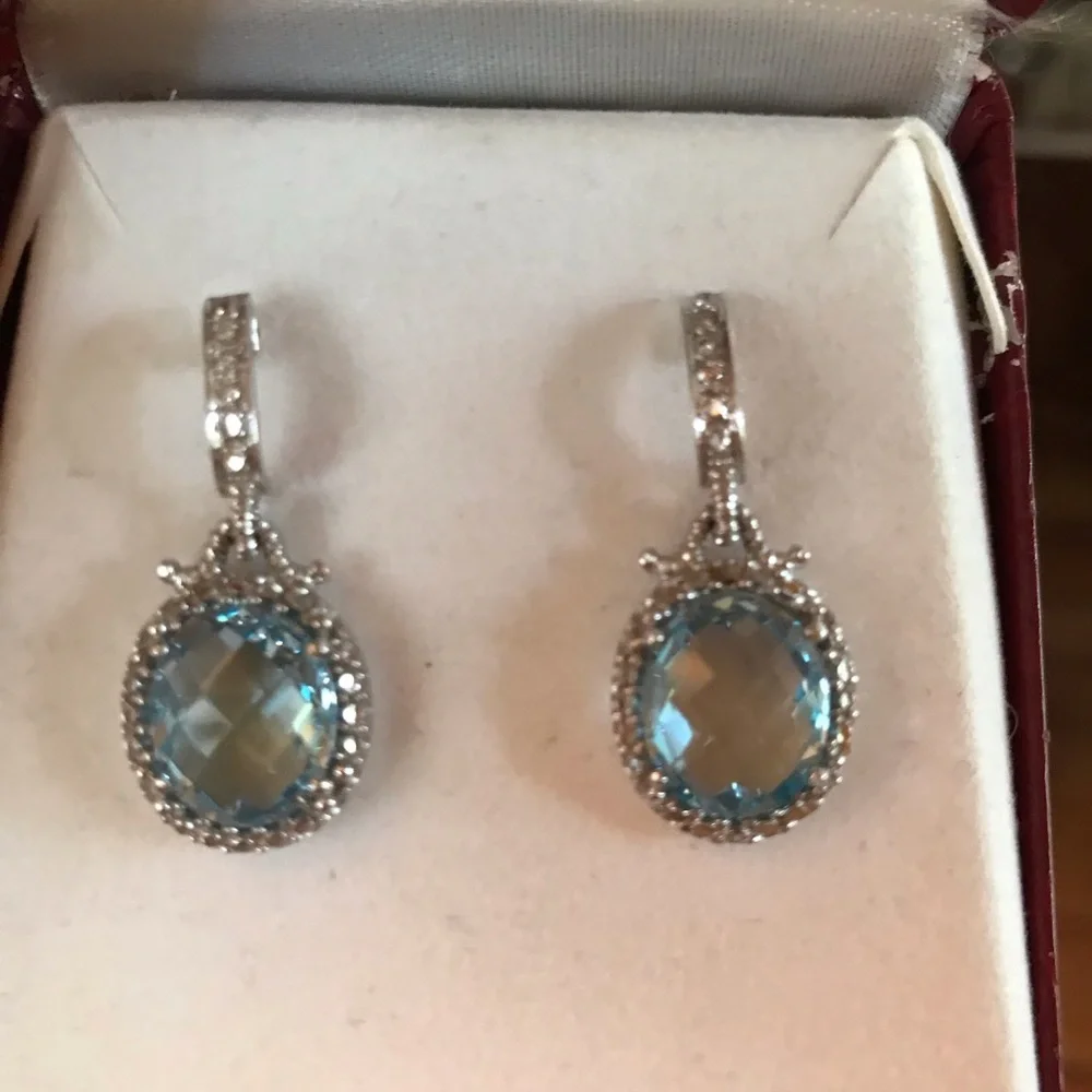 14K WHITE GOLD LARGE AQUAMARINE STONES PIERCED EARRINGS NWT - Picture 3 of 16